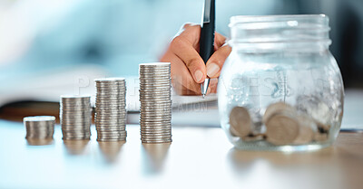 Buy stock photo Hands of a bank teller, accountant or finance worker counting coins, money and writing down the numbers for a audit. Closeup of a financial advisor analyzing a client's expenses, savings or capital