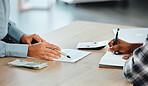 Closeup of a team of finance employees calculating company business budget, expenses and bills. Professional administration or financial workers working together, planning and writing down a list