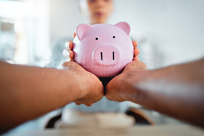 Buy stock photo Piggybank, finance and planning savings budget with financial advisor, bank manager and accountant. Closeup of hands holding, taking and protecting future investment after consulting a professional