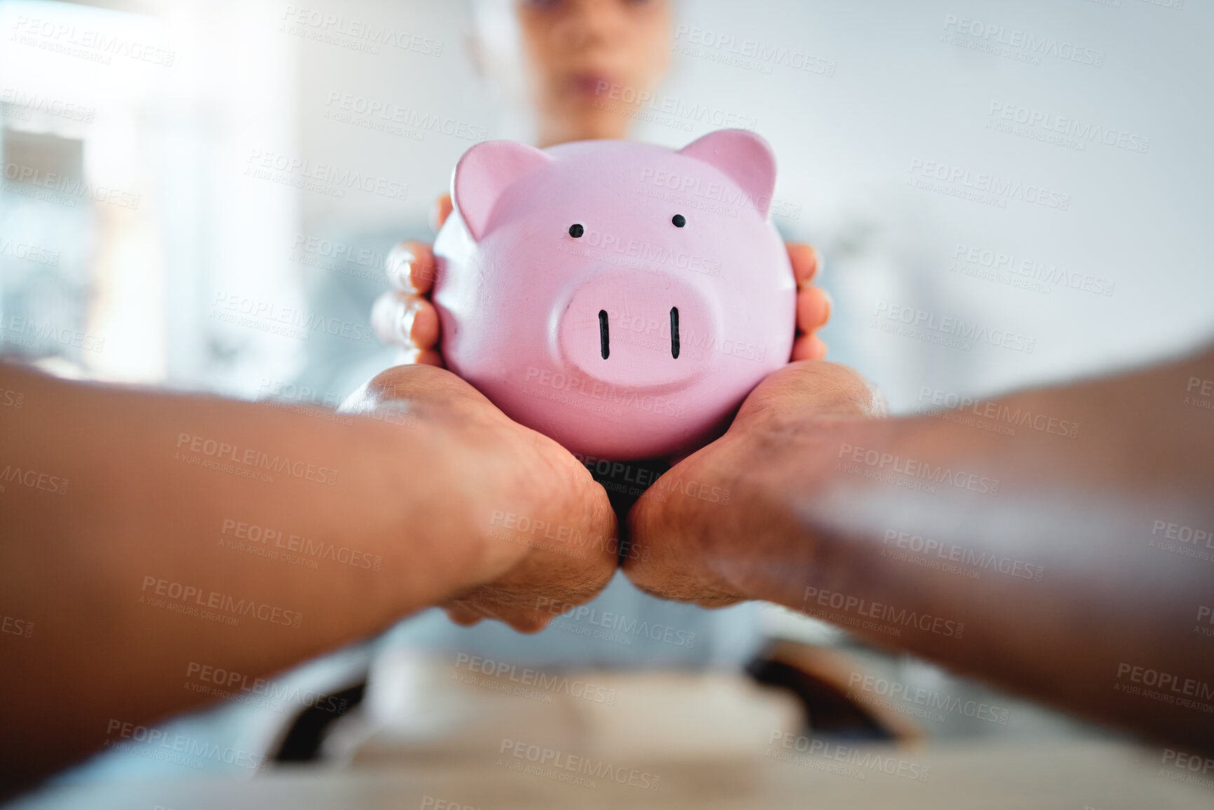 Buy stock photo Piggybank, finance and planning savings budget with financial advisor, bank manager and accountant. Closeup of hands holding, taking and protecting future investment after consulting a professional