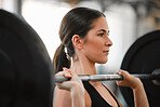 Active, strong and athletic young female doing an arm fitness workout, exercising and training inside. Weightlifting fit woman doing a weight exercise in a gym, sport studio or wellness club indoors