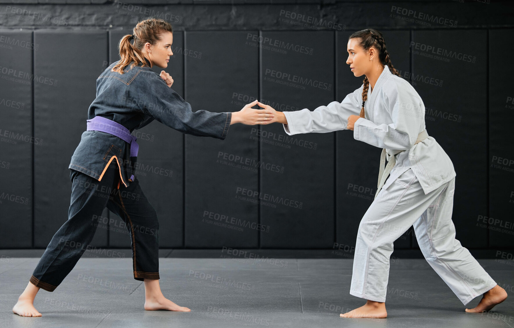 Buy stock photo Karate training, handshake and exercise of female sport students about to start training. Student fitness and gym workout of women learning how to fight at a dojo studio, school and sports club