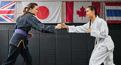 Women, martial arts and fighting at a dojo. Taekwondo, karate and sports training adults sparring at the gym for a fight. Athlete, aikido and practicing females at an international competition.