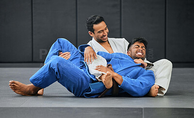 Buy stock photo Mma and karate with a teacher and student training and practicing in a gym with a gi choke. Combat sport, self defense and fighting while preparing for a fight or competition in a sports club