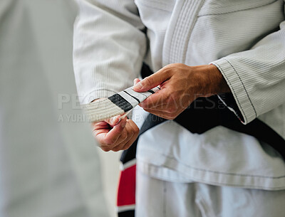 Buy stock photo Karate master tying a belt on a student in a dojo before practice. Closeup of a sensei help, prepare and assisting a beginner before exercise, workout and training in a sport club