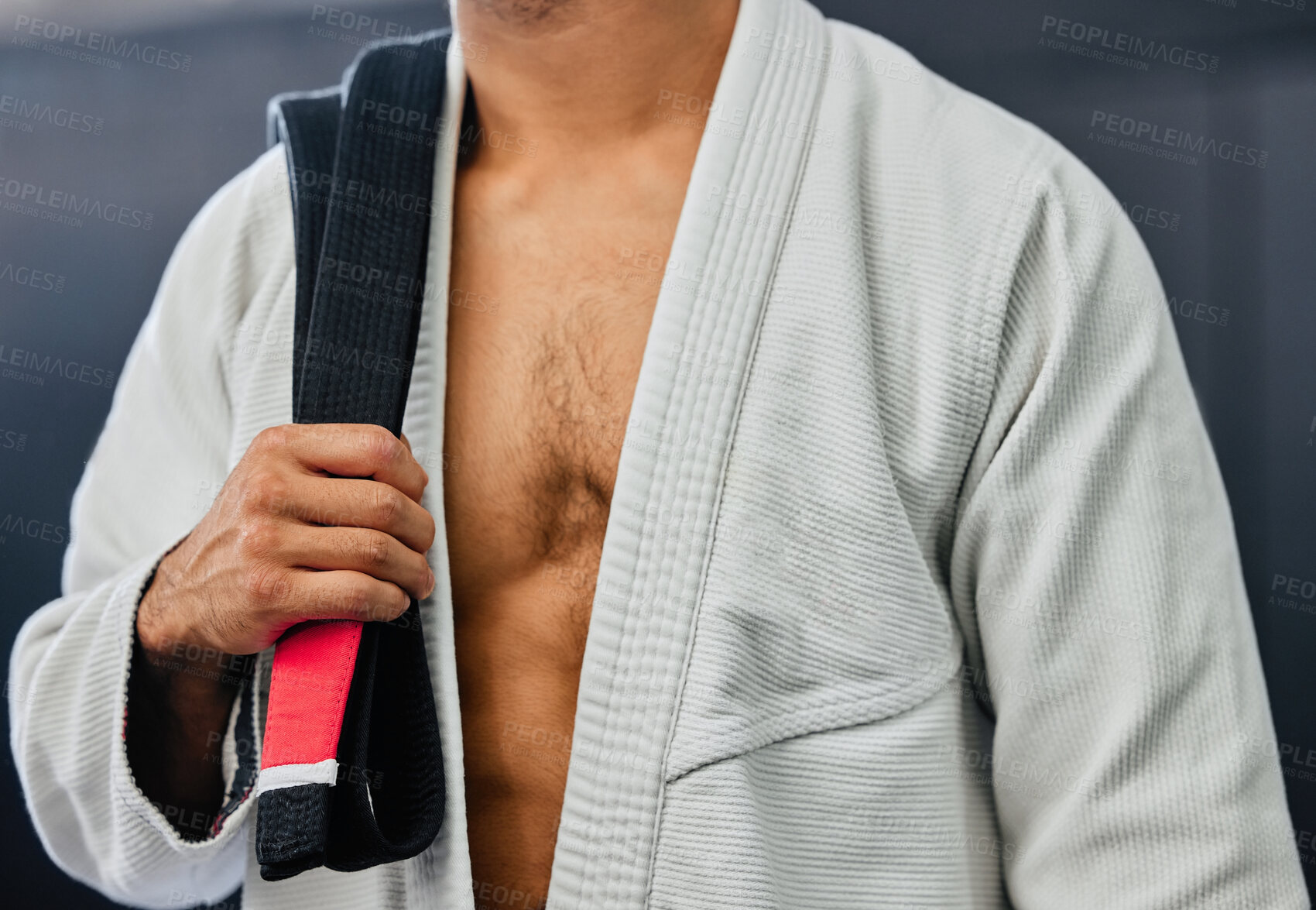 Buy stock photo Blackbelt karate, taekwondo body martial arts master and experienced fighter teaches self defense in dojo close up. Fit, fitness trainer and strong teacher in fighting hand techniques and training