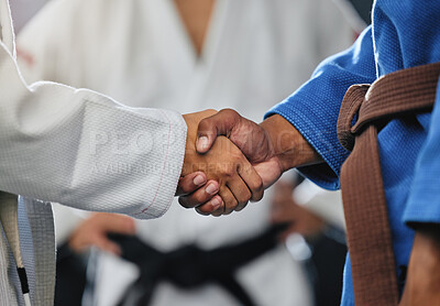 Buy stock photo Handshake, respect and discipline with mma, karate and fight students shaking hands before a match or combat sport in a training gym or dojo. Training, exercise and workout in self defense class