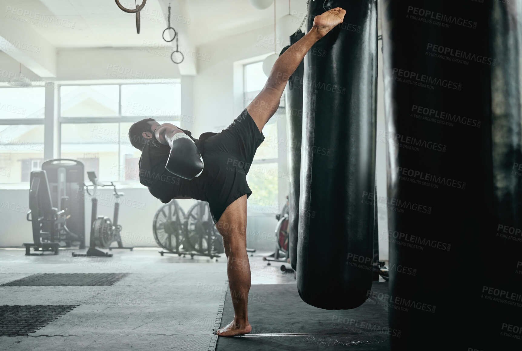 Buy stock photo Professional, fit and active male fighter training with a punching bag in a gym. kickboxer practicing, training and fitness exercise for competitive fight, tournament or competition in a health club