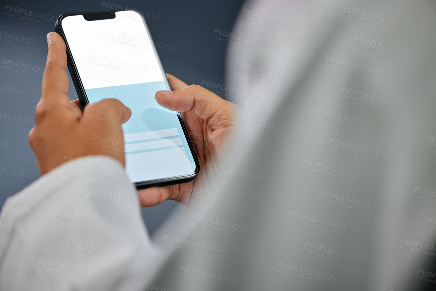 Buy stock photo Blank phone screen for searching the internet, browsing online and scrolling through social media. Person reading, sending and typing text messages on an app with a 5g mobile network connection
