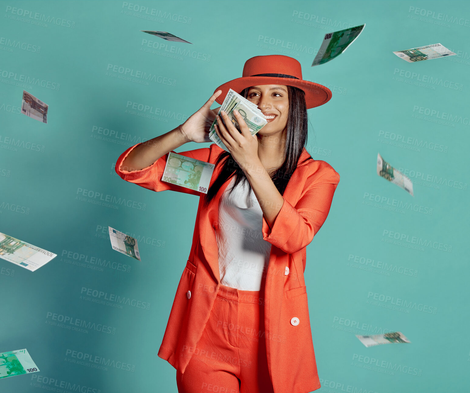 Buy stock photo Cash, fashion and rich lady throwing money and spending away smiling as she shows off her wealth after shopping. Trendy, happy and winning luxury woman with 100 dollar bills in the air at the casino.