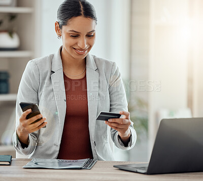 Buy stock photo Ecommerce, online shopping and credit card of happy woman doing secure banking on phone using digital ebank app or website. Smiling shopaholic doing safe financial transaction on cellphone at office