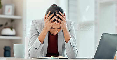 Buy stock photo Headache, stress and worried young businesswoman tired from getting bad news about company investment. Professional finance, business female or accountant upset over financial problem or crisis. 