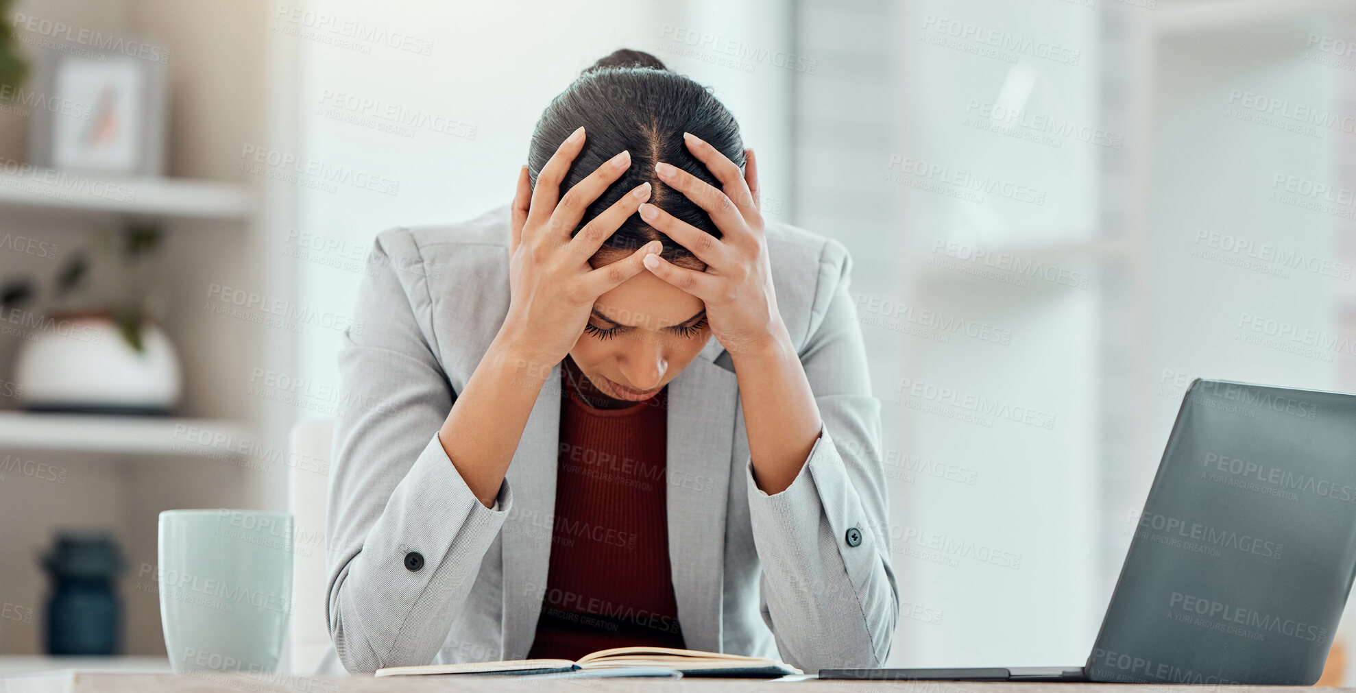 Buy stock photo Headache, stress and worried young businesswoman tired from getting bad news about company investment. Professional finance, business female or accountant upset over financial problem or crisis. 
