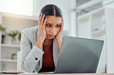 Buy stock photo Pain, headache and stressed finance manager feeling sick, tired and worried about a financial problem at her startup company. Young and frustrated professional businesswoman working at an office