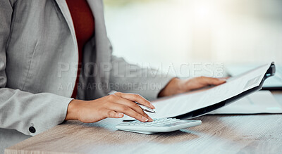 Buy stock photo Closeup of auditor, banker and business accountant woman's hand calculating, planning and doing financial paperwork. A businesswoman managing investment, medical healthcare and insurance payments