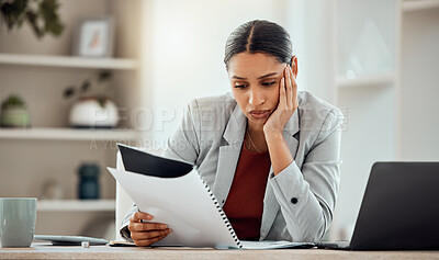 Buy stock photo Bored, thinking professional businesswoman reading and managing company financial crisis strategy report. Stressed employee working on investment loss of economy market shares of company