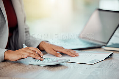 Buy stock photo Auditor, banker and business accountant woman's hand calculating, planning and doing financial paperwork closeup. Young businesswoman managing investment, profile and insurance claims for client.
