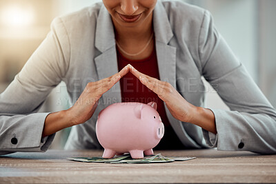 Buy stock photo Investment growth, money saving and financial career planning with a piggybank on cash. Corporate business woman worker make a finance budget to buy a family home, apartment or real estate property