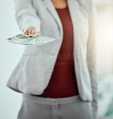 Buy stock photo Money, finance and bribe in the hands of a financial advisor, investment broker or wealth manager offering payment. Cash, currency or bills being held by a foreign exchange professional or investor
