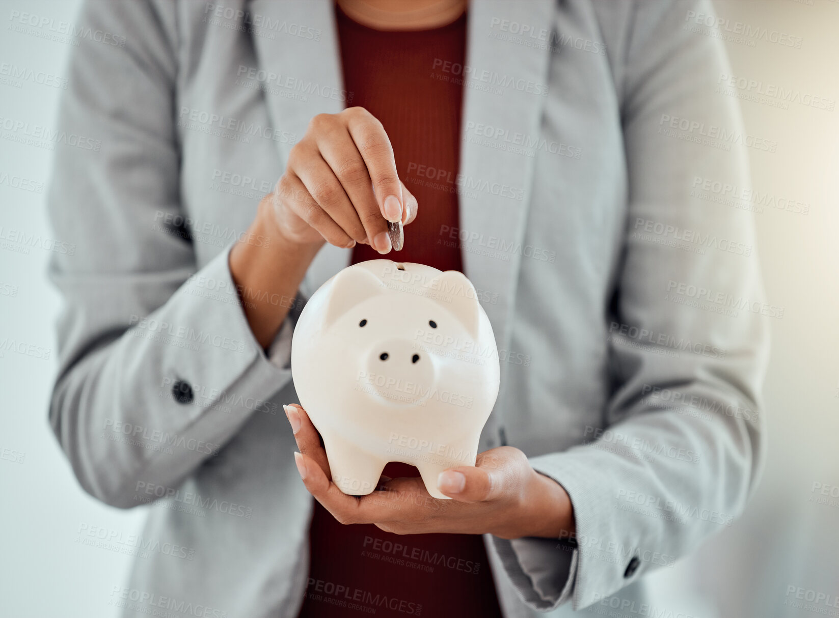 Buy stock photo Banking, finance and money in piggybank for savings, investment and growth for business woman. Closeup of hands of a corporate professional putting coins into a tool to save, insurance and security