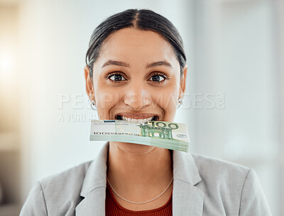 Buy stock photo Money, happy and smiling business woman expressing spending cash for a dental plan. Female showing her wealth of saved income, planning finance and budget for investment or growth for sustainability.