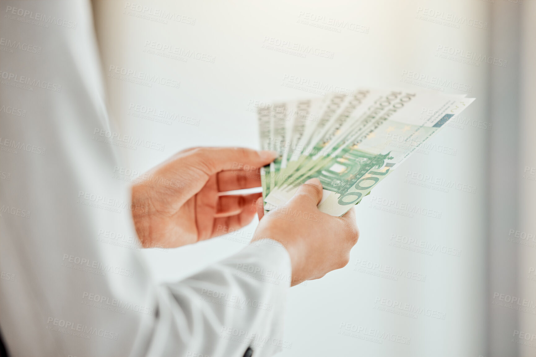 Buy stock photo Money, cash or stack of notes for investment, finance and savings hands counting budget or financial growth. Many bills for paying, buying and spending or wise person or entrepreneur holding profit