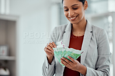 Buy stock photo Financial growth, retirement saving and holding money notes by a young female with cash indoors. Bank notes showing growing investment, banking capital and finance budget of a happy woman accountant