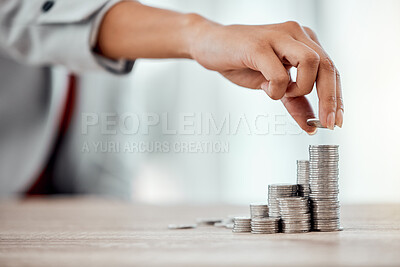 Buy stock photo Saving, coins and growth for small business finance, stack of money for growing economy. Financial wealth and investment for profits, accounting or economics in the workplace over copy space.