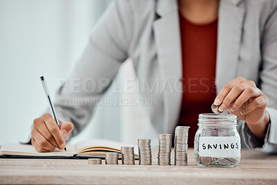 Buy stock photo Finance, budget and saving money or coins by depositing currency, cash or pennies in glass jar. Financial advisor hands, manager or accountant writing in book, planning or investing in company future