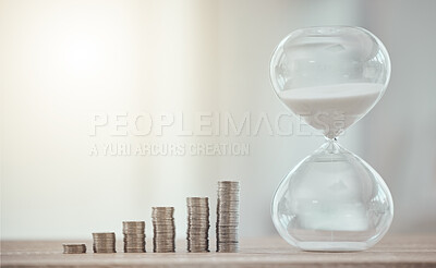 Buy stock photo Cash coins for a future investment with hourglass, savings and growth of finance at the bank. Sand clock countdown for opening of the financial economy market. Money for a corporate business budget.