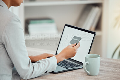 Buy stock photo Business woman, finance advisor and accountant shopping online with blank laptop and credit card in an office. Closeup of trader paying, budget and spending money with banking transfer for ecommerce