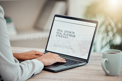 Buy stock photo Strategy, growth or advertising plan on laptop with corporate businesswoman working on marketing presentation for startup company. Management employee reading email at desk in her home office