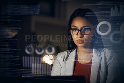 Buy stock photo Digital IT technician or software developer coding user interface or UX program code on computer at night. Futuristic javascript SSL language with genius female engineer reading security information.