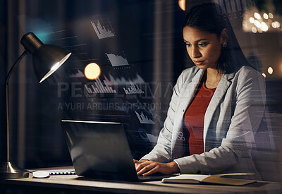 Buy stock photo Corporate, professional and finance business woman working on laptop, doing proposal and learning marketing data in dark office at night. Employee and advertising manager on internet on computer