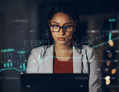 Buy stock photo Finance business woman working on laptop in dark office, trading and learning on internet in a dark office at night. Cgi of manager and corporate worker doing stock market analysis and research