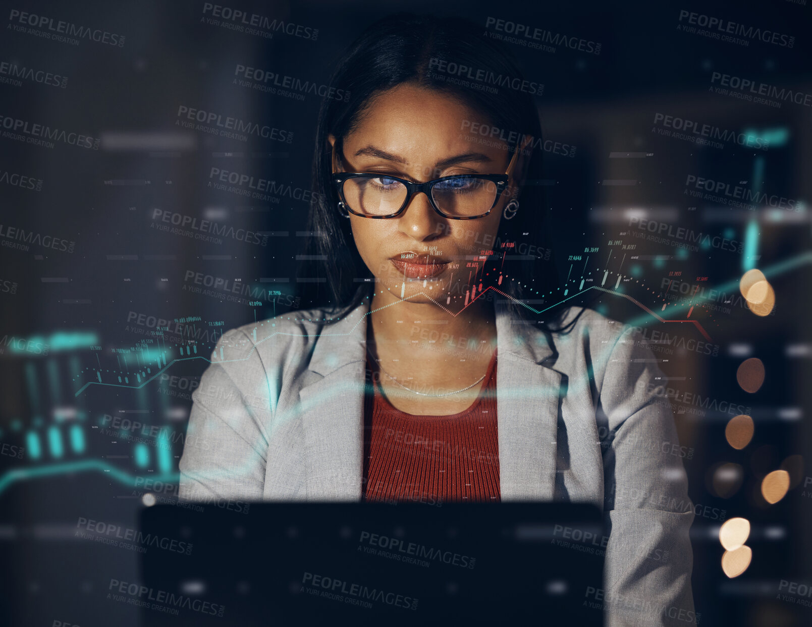 Buy stock photo Finance business woman working on laptop in dark office, trading and learning on internet in a dark office at night. Cgi of manager and corporate worker doing stock market analysis and research
