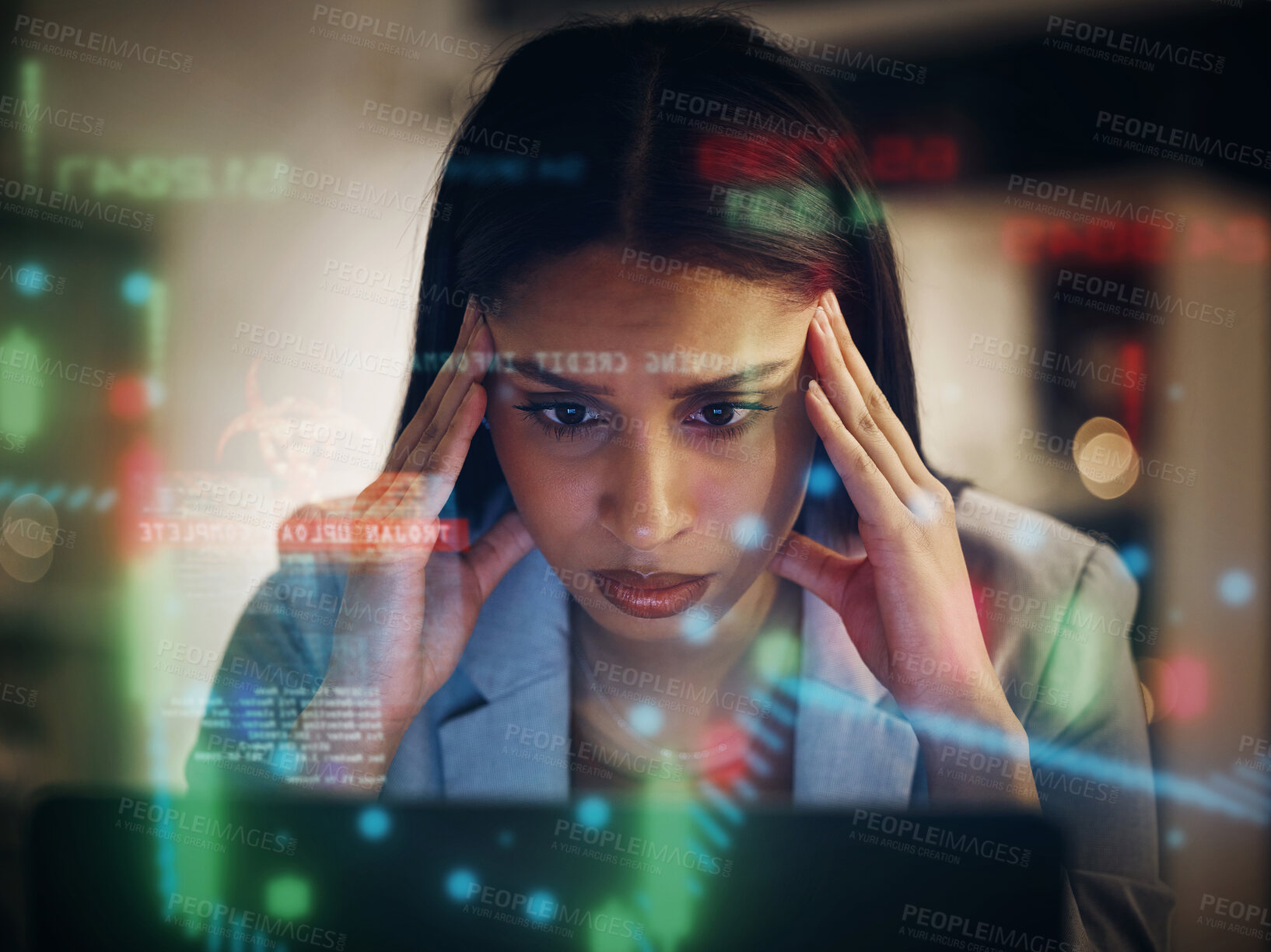 Buy stock photo Headache, stressed and serious frustrated finance trader feeling bad, tired and unhappy with her financial stock investments. Upset, worried and worried female thinking while working on her computer