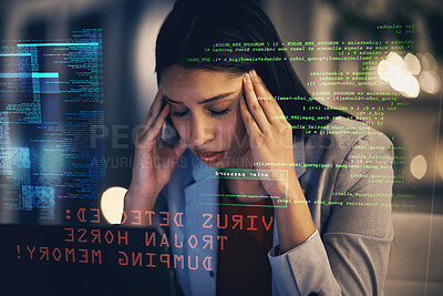 Buy stock photo Stress, headache and programmer with depression gets a cyber security attack, virus or glitch. Anxiety, tired and sad business woman or worker in iot and big data hacked by a hacker at work.