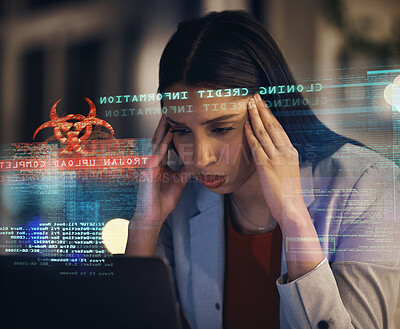 Buy stock photo Cyber security, hacking and data analytics employee, tired from working on it, software engineering glitch. Big data, cloud computing and information technology worker with credit database hacker