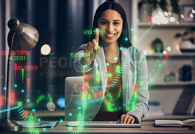 Touchscreen technology, ui and ux with a finance manager, trader or investment broker touching an interface and banking with CGI special effects. Creating wealth for the future with digital overlay