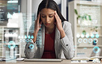 Headache, stressed and mental pain as a businesswoman feels bad, anxious and frustrated while busy on her computer desk. Young crypto trader overwhelmed, depressed and unhappy due to migraine at work