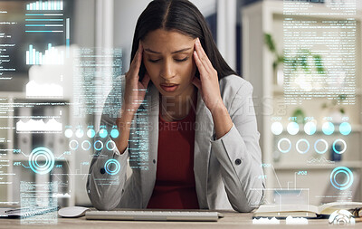 Buy stock photo Headache, finance and mental health working on business woman with stress, anxiety and frustrated while busy on her computer desk. Crypto trader overwhelmed, depressed and unhappy due to a migraine