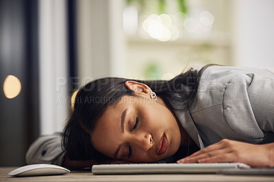 Buy stock photo Sleeping, desk and office employee with burnout from working late to fix a mistake on a deadline. Stress, dream and tired person with sleep problem from mental health fatigue at stressful job.
