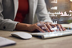 Finance, saving and investment with the hands of a female broker typing on a keyboard with CGI, special effects and digital overlay. Closeup of a banker, accountant or asset manager working on growth
