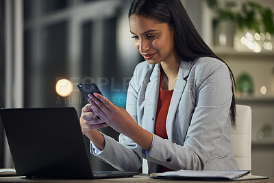 Buy stock photo Stock market, phone app and finance planning for financial advisor, trader and investor working late at night. Smiling overtime worker reading, monitoring investment or cryptocurrency profit on tech