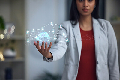 Buy stock photo Businesswoman holding a digital globe, tech and networking at the office in the future. Big data, ai and a virtual sphere and social hologram showing connections between people.

