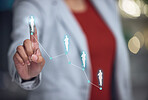Networking, connecting people and touchscreen technology with the hand of a business woman working on ui or ux. Closeup of a female user touching a screen with CGI, special effects or digital overlay