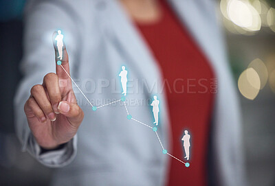 Buy stock photo Networking, investigation and touchscreen technology with the hand of a business woman pointing to you or demographics. A female user touching a screen with digital overlay and connecting the world