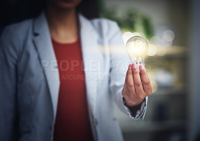 Buy stock photo Light bulb, innovation and bright idea with vision, strategy and growth mindset for startup. Closeup hand of leading, thinking and motivated business woman holding lightbulb and showing knowledge