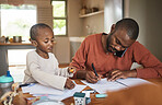 Busy, serious and multitasking while talking on phone, writing on paperwork and networking single father sits with son. Adorable, little and cute boy playing while freelancer parent works from home